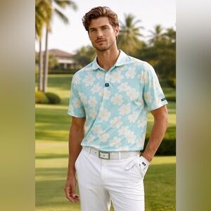 Bad Birdie Mens Golf Polo Shirt Blue Floral Short Sleeve Performance Size Large